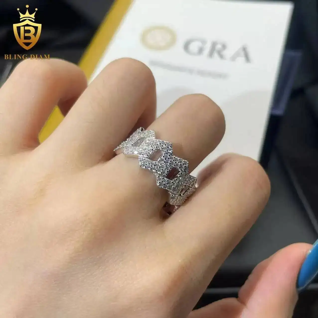 

Classic 925 Sterling Silver Moissanite Cuban Ring Ice Out Jewelry Eternity Band Rappers Hip Hop Style Pass Diamond Tester GRA