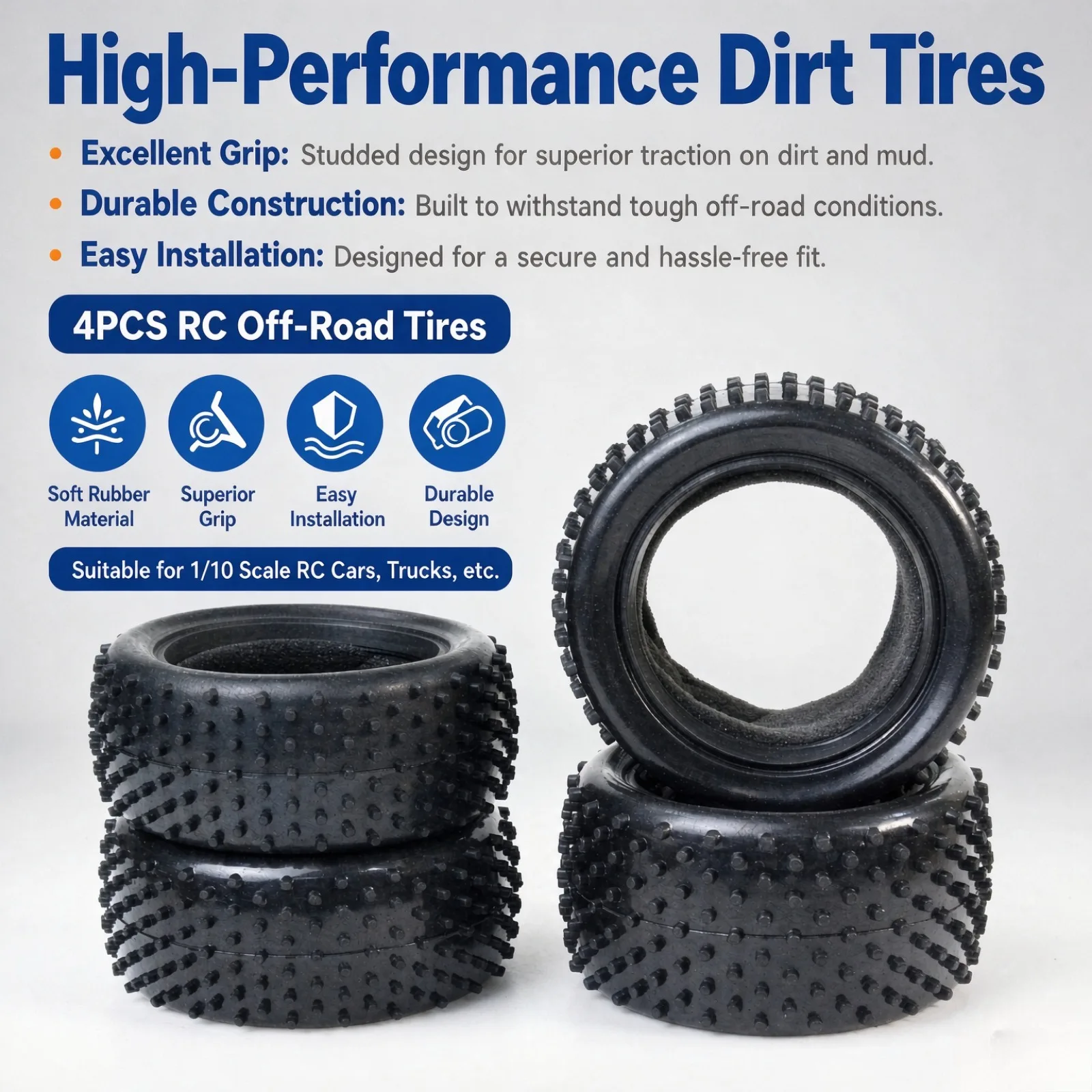 4PCS RC Buggy Tires with All-Terrain Pin-Style Tread Fit for 1/10 Tamiya TT-02B/DT-02/DT-03/DF-03 Off-Road Buggy Cars