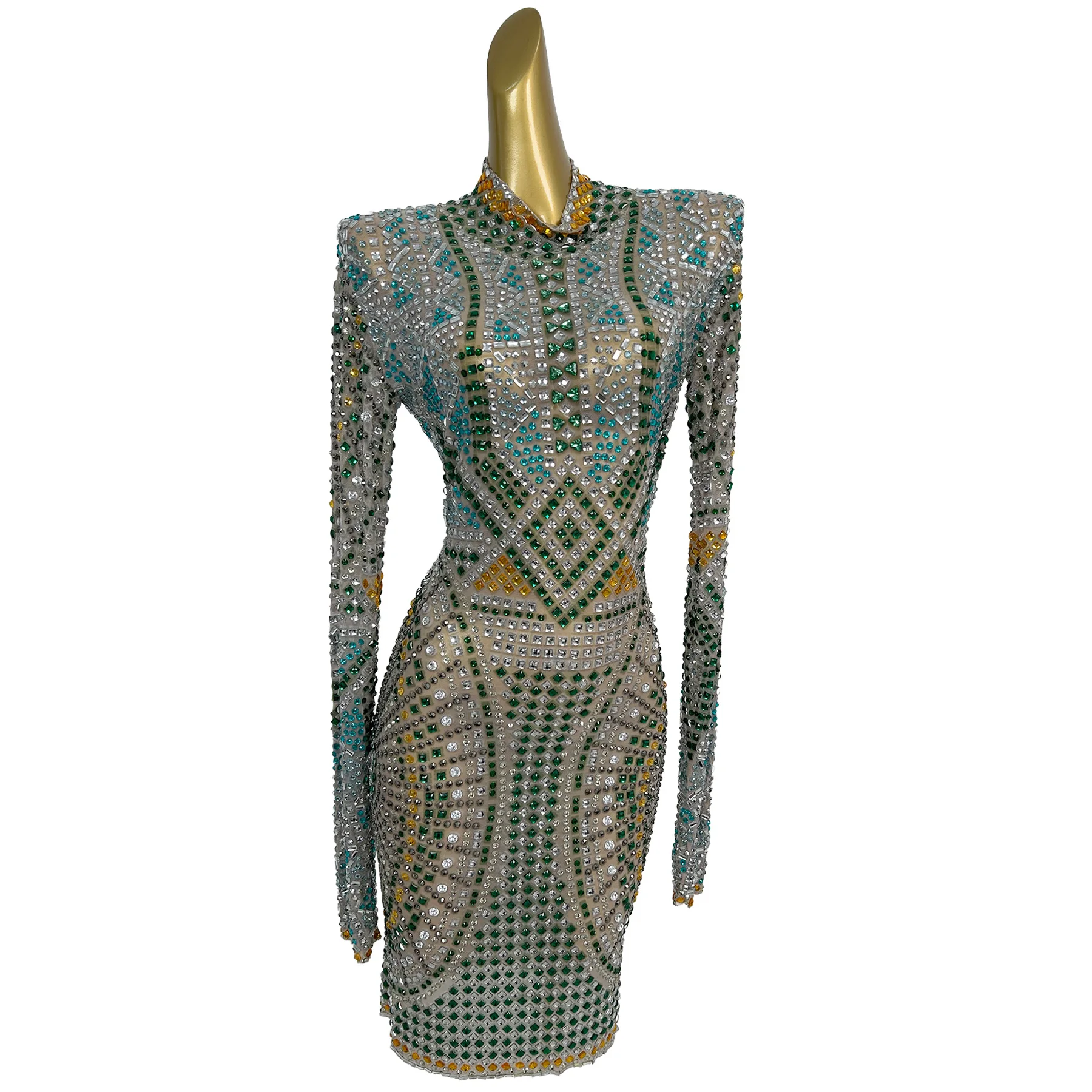 Lvyecao Nude Mesh Base Dress with Green Teal and Yellow Rhinestone Geometric Pattern and Long Sleeves for Evening Events