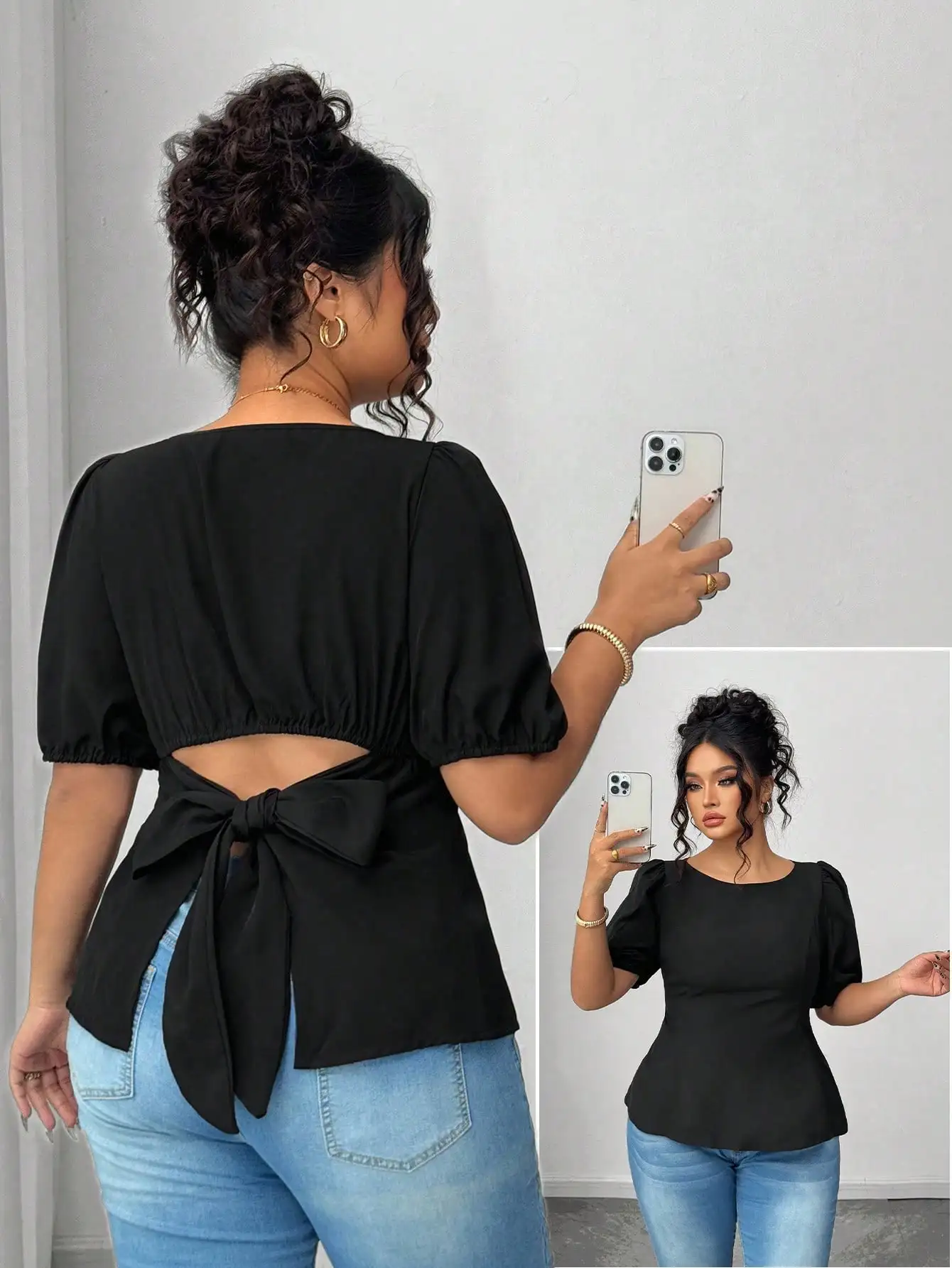 

Plus Size Women Solid Color Bow Tie Open Back Casual Short Sleeve Blouse Summer