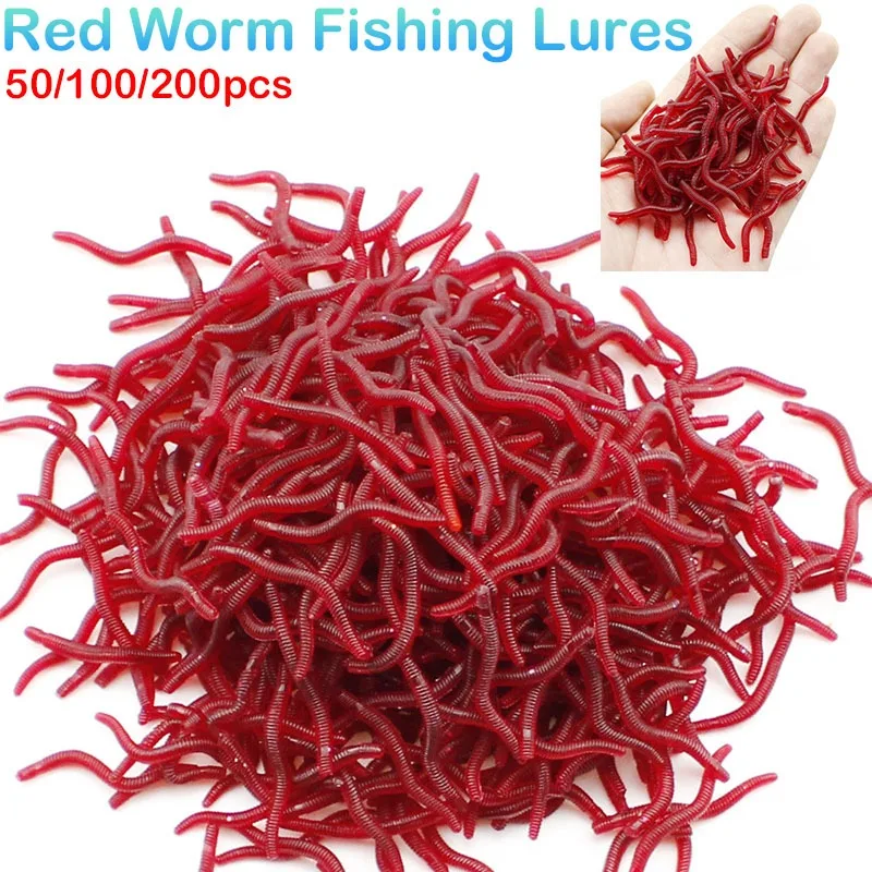 50 100 200pcs/Lot Red Worm Fishing Lures Silicone Mini Shrimp Fishy Smell Jerkbait Fish Ocean Rock Bass Soft Souple Bass Leurre