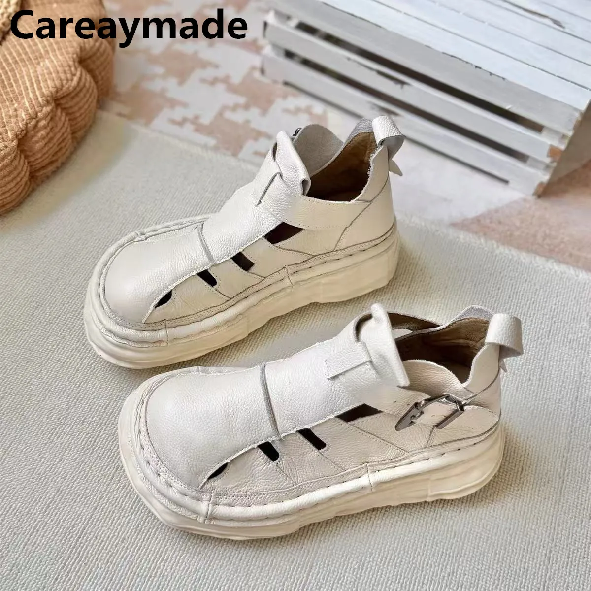 

Careaymade-Genuine Leather wider toe women's boots,comfortable handmade sandals thick sole hollow out cool boots women's shoes