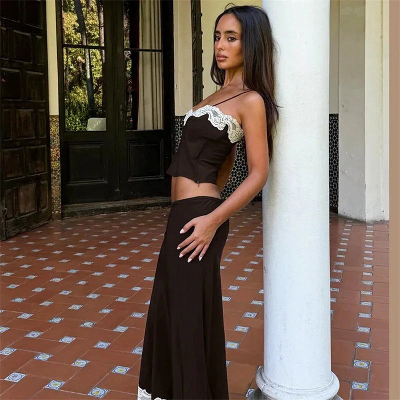 2026 Spring Summer Brown Lace Trim Two Piece Set Spaghetti Strap Crop Cami Top Straight Midi Skirt Casual Outfit For Women
