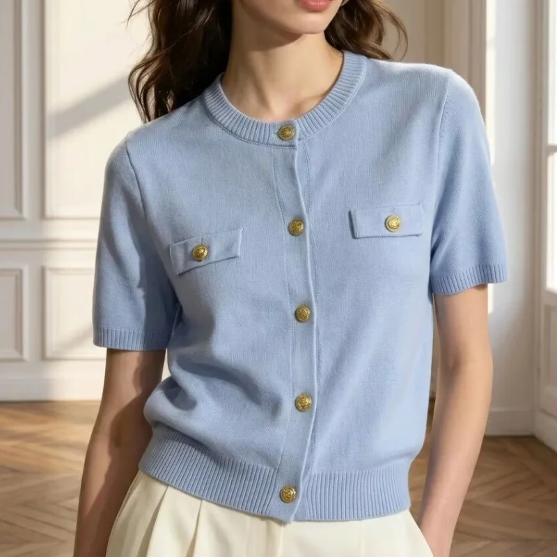 Fashion Solid Round Neck Short Sleeve Knitwear T-shirt Summer New Simple Fashion Single Breasted Knitted Cardigan Thin  Tops
