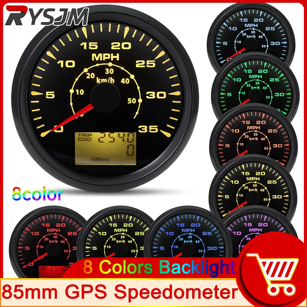 

8 Colors Backlight Marine Auto GPS Speedometer 85mm Speedo Velometer 0-35 MPH 0-55KM/H Odometer Mileage TRIP/COG ODO 12V/24V