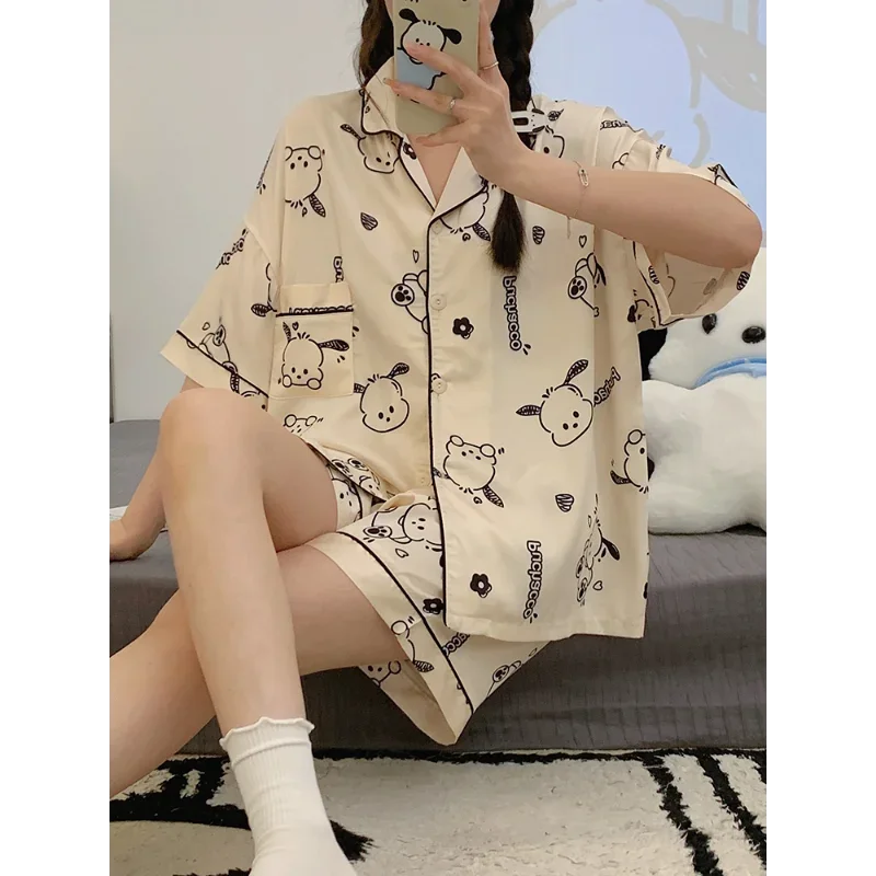 Novo sanrio pacha cão pijamas de seda feminino verão gelo seda manga curta shorts casuais pijamas femininos homewear calças conjunto