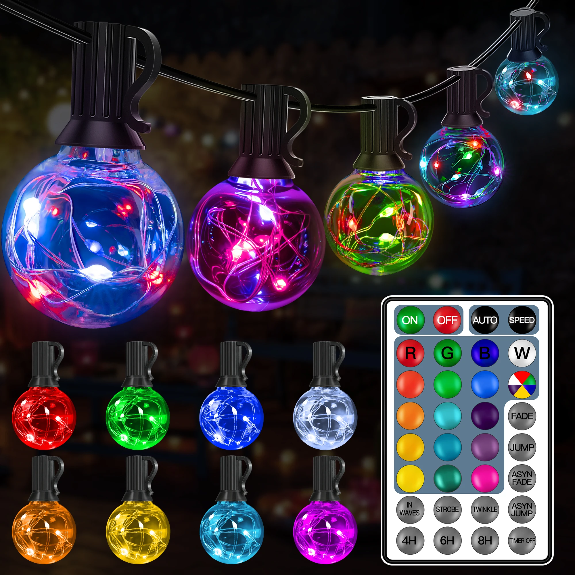 

Ollny Outdoor Lights 30FT 30Bulbs, RGBW String Light, Plug in Remote Waterproof G40 Fairy Lights for Camping Party Wedding Yard