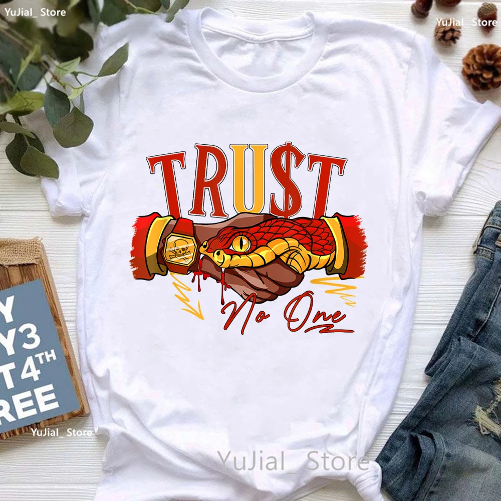 New Trust No One Trust Shake Hand With Snake Print T Shirt Women Colorful Summer Short Sleeve Tshirt Femme Harajuku Shirt