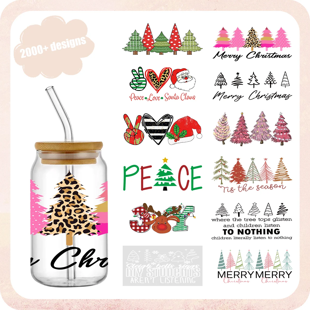 

Wholesale Christmas Design Tumbler Transfer Self-adhesive Waterproof UV DTF Cup Wrap Transfers for 16oz Libbey Cups