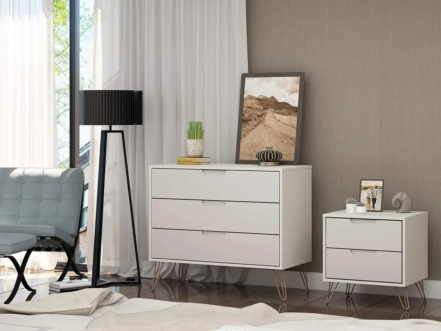 Rockefeller Mid-Century Modern 3 Drawer Bedroom Dresser with Nightstand, Set of 2, Off White