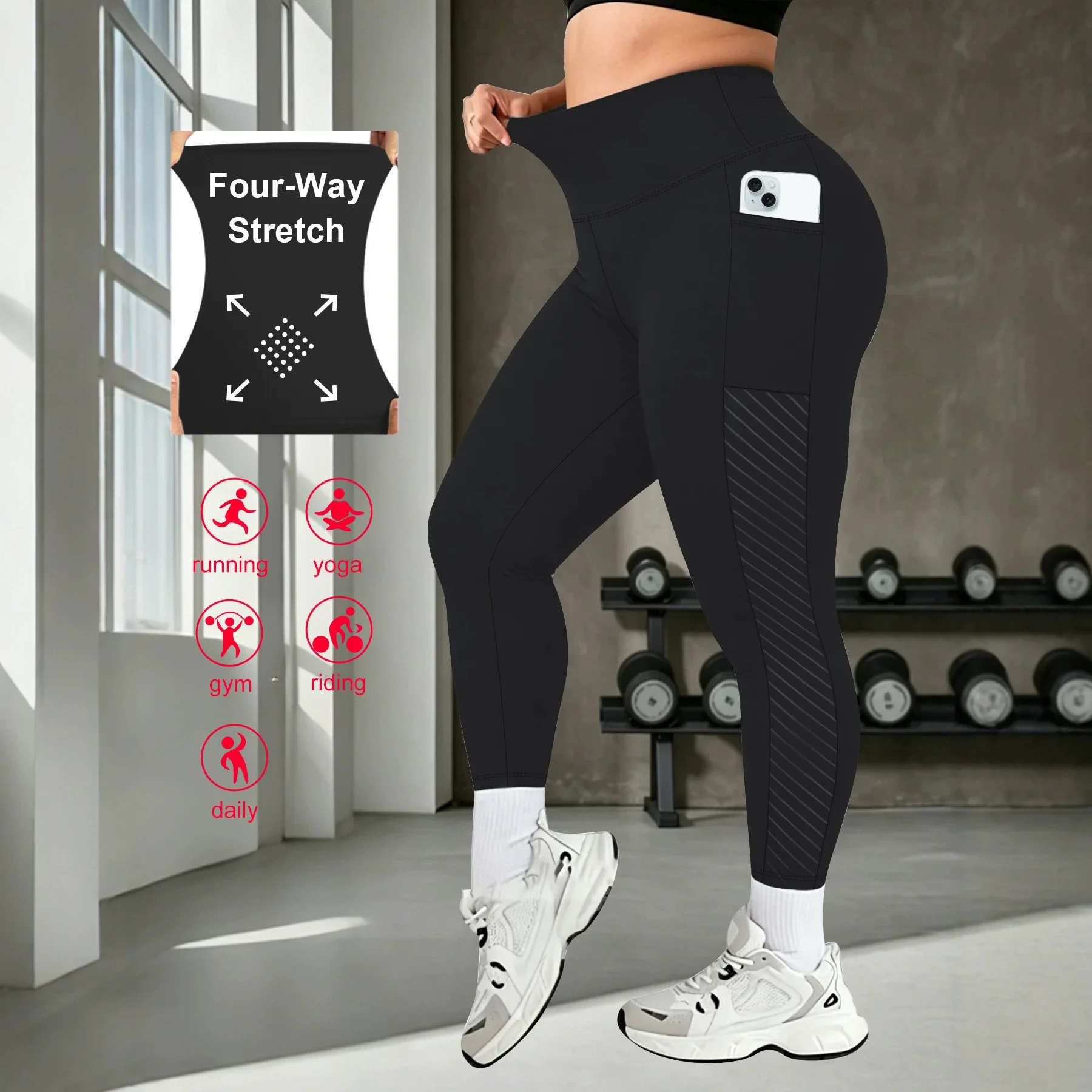 Plus Size Women High Waist 9/10 Yoga Leggings With Side Pocket Mesh Panel Butt Lifting 4 Way Stretch Workout Sports Pants