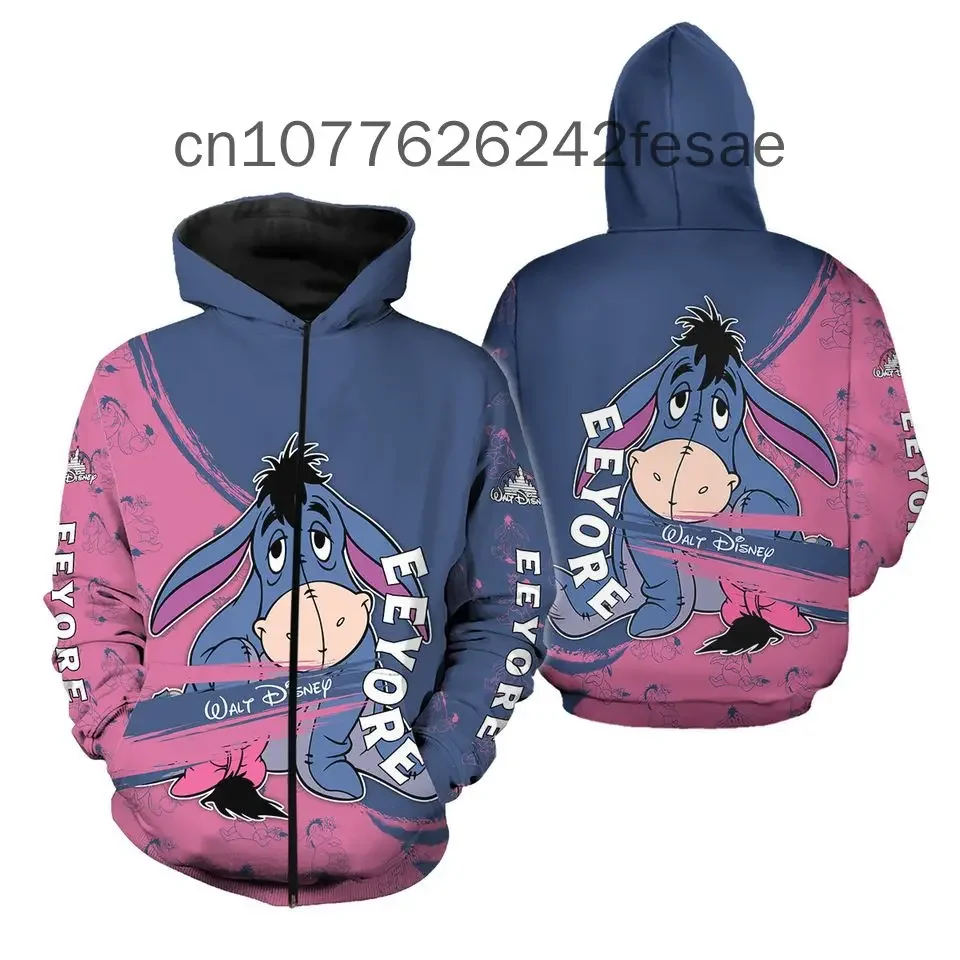 2024 New Disney Eeyore Zipper Hoodies Casual Hip Hop Street Clothing Men's and Women's Long sleeved Sweatshirts