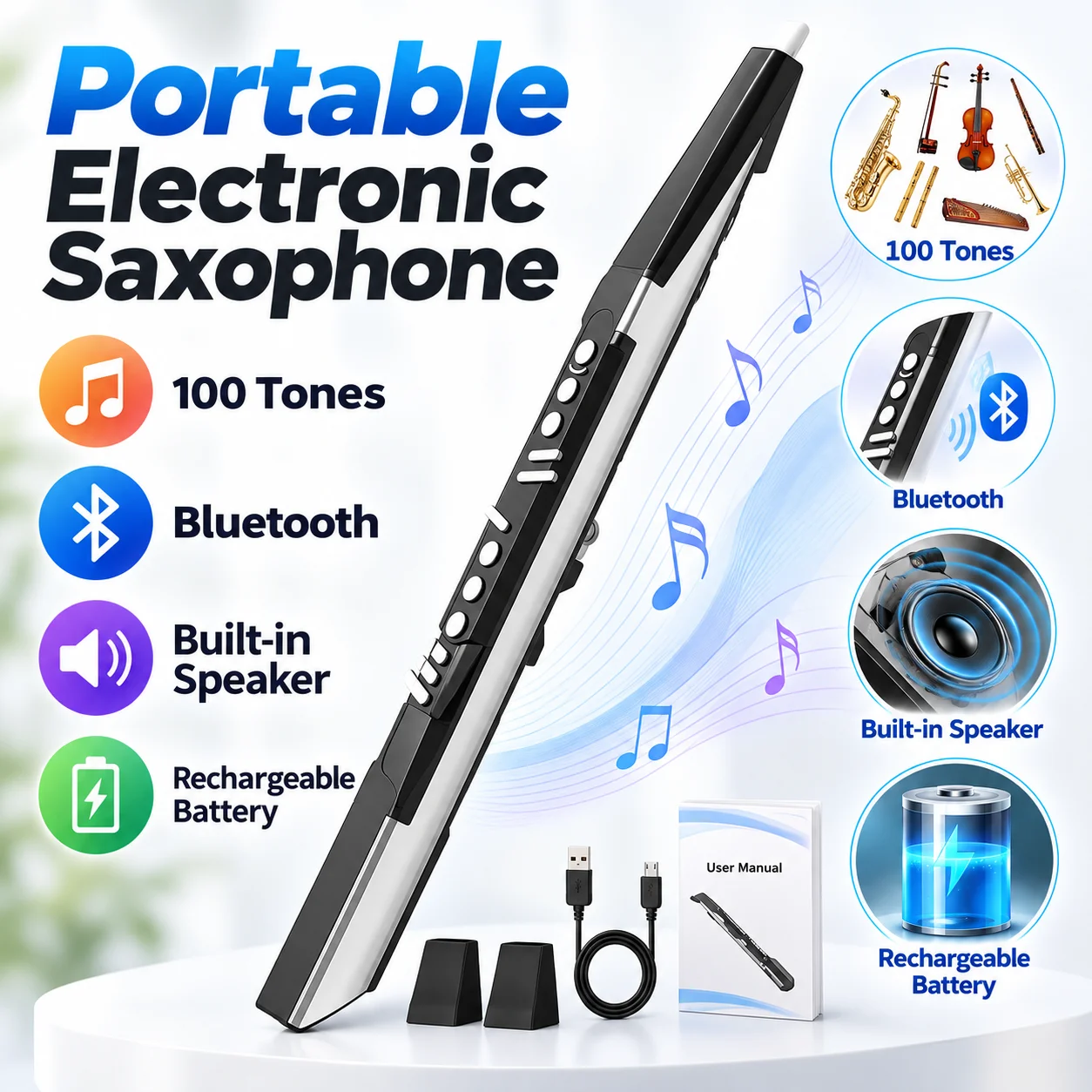 Portable Electronic Saxophone Bluetooth Digital Wind Instrument 100 Tones Built-in Speaker Rechargeable