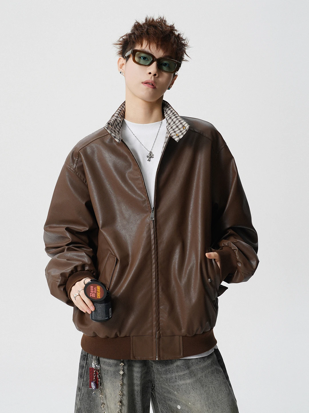 

American Plaid Lined PU Leather Motorcycle Jaet Men's Spring Trendy Design Casual Sle Zipper Closure Stand Fit