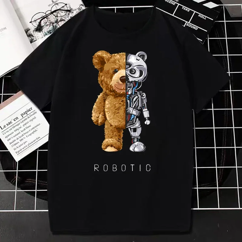 

Kawaii Teddy Bear Tshirt Cool Robotic Graphic T Shirt Harajuku Cartoon Short-sleev Tee Women Men Casual Tee Ropa Hombre