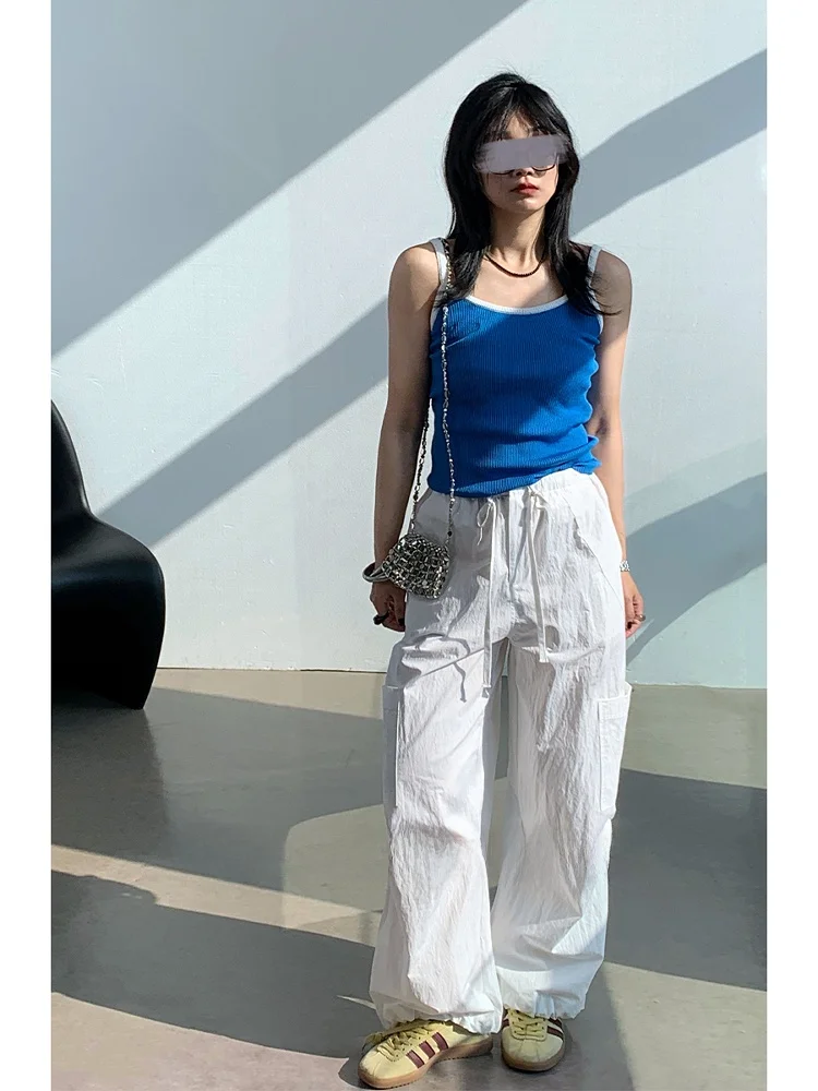 

American Lazy Sle High Waist Dstring White Work Pants Women's Thin Loose Cargo Pants Commute Sle Long Pants