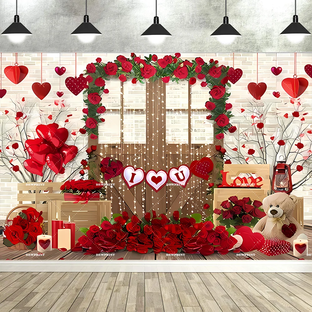 Valentine's Day Backdrop Wood Door with Red Roses Hearts and Bear Pattern Background for Valentine's Party Decoration Banner