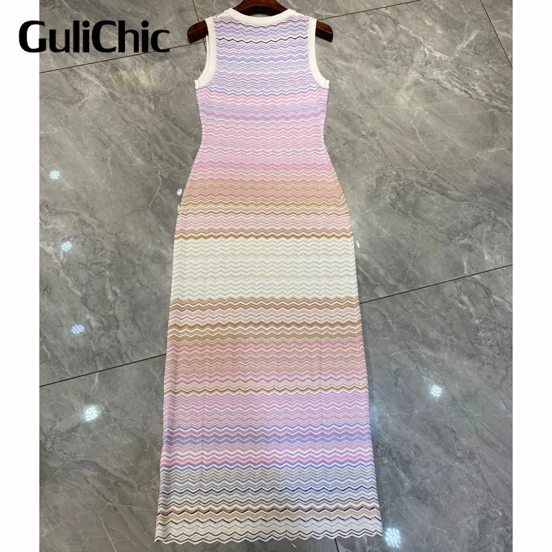 5.13 GuliChic Fashion Multi Color Zigzag Knit Maxi Dress Women High Quality Bodycon Gown 2024 O-Neck Striped Sleeveless Dress