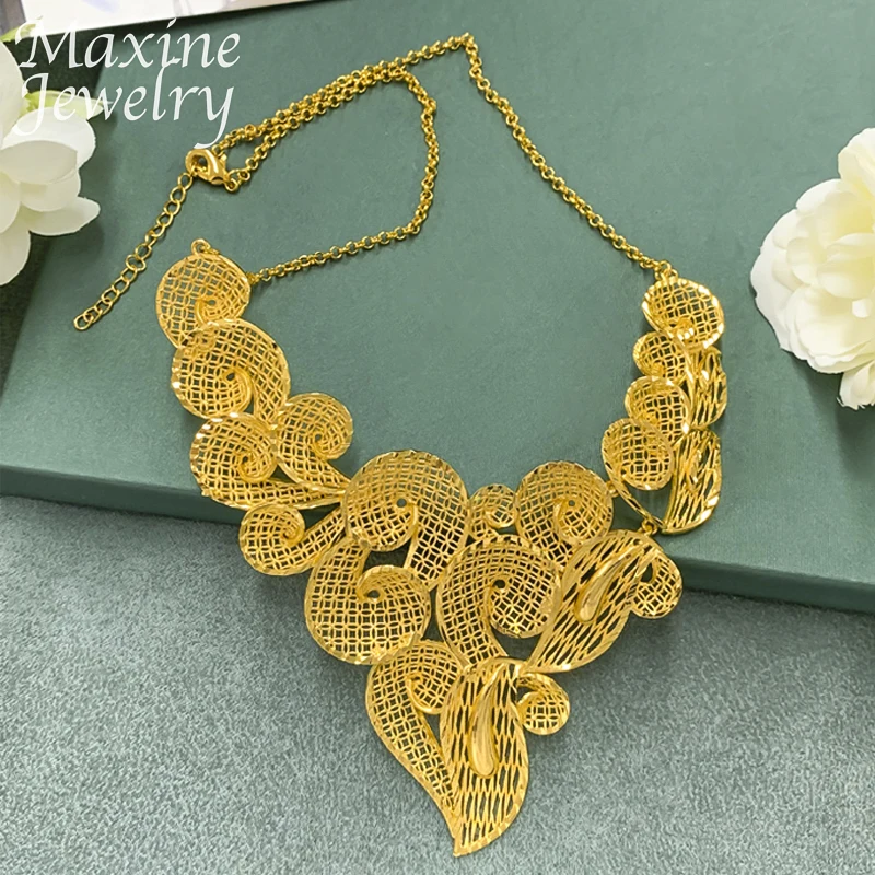 Italian Hollow Luxury Original 18K Gold Plated Jewelry Set Chunky Necklace Drop Earrings for Women Party Bridal Wedding Gifts