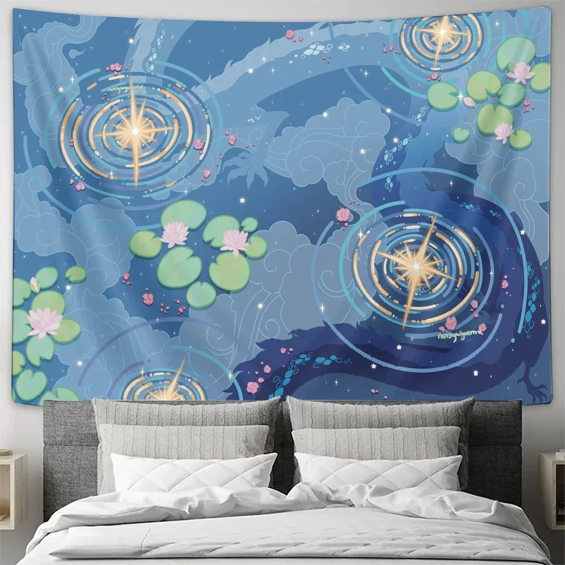 Blue Cosmic Lotus Pond Starlight Pattern Wall Tapestry Machine Washable All Season Decor Art Print Fantasy Nature Design Home