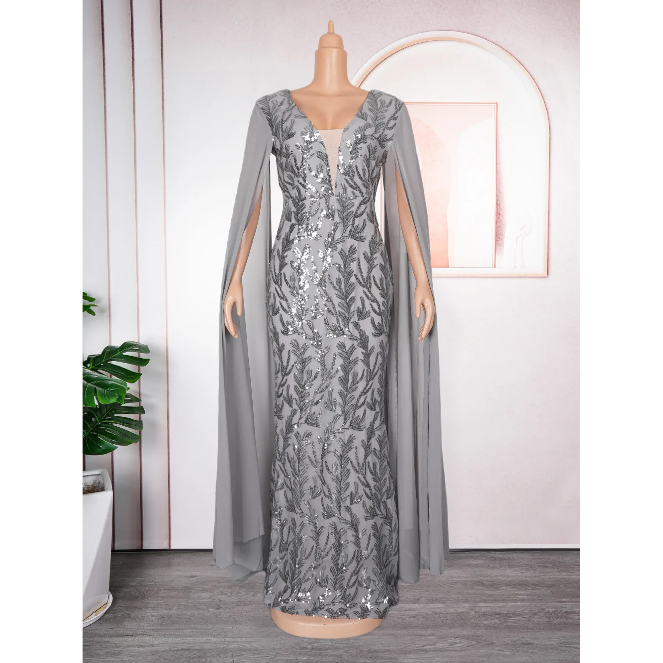 Sexy lange amerikanische Größe Damen V-Ausschnitt Perlen Dr grenzüberschreitendes Tanz-Abendkleid Ele reine Farbe mittlere Taille figurbetont Dr