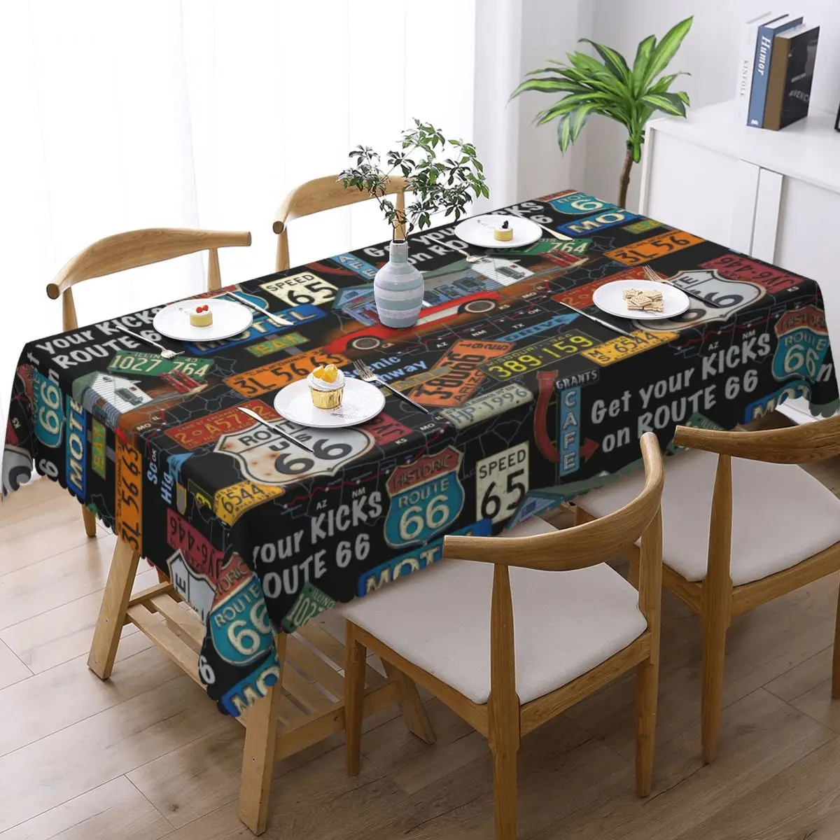 

Vintage America Road Route 66 Tablecloth Round Oilproof Table Cover Cloth for Kitchen 60 inches