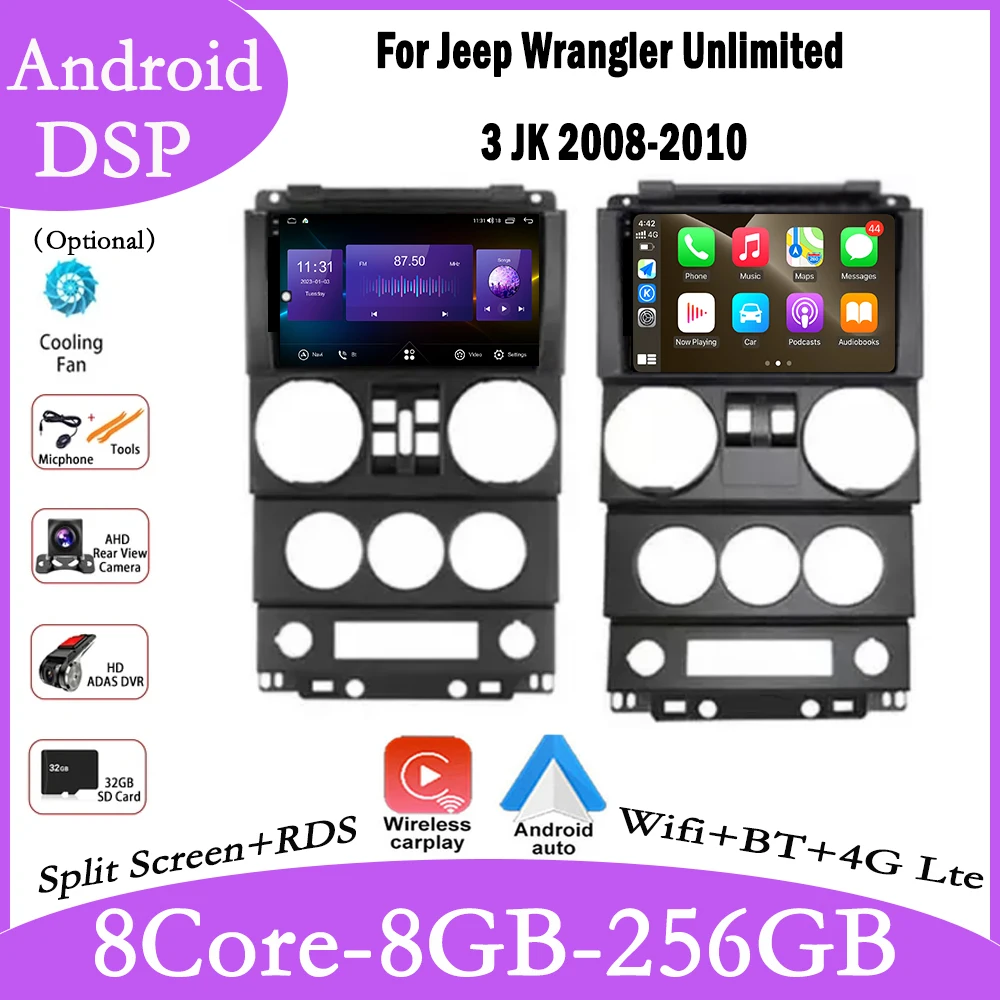 Android 14 For Jeep Wrangler Unlimited 3 JK 2008-2010 Car Stereo Multimedia Camera Carplay Navigation Video GPS Radio Autoradio