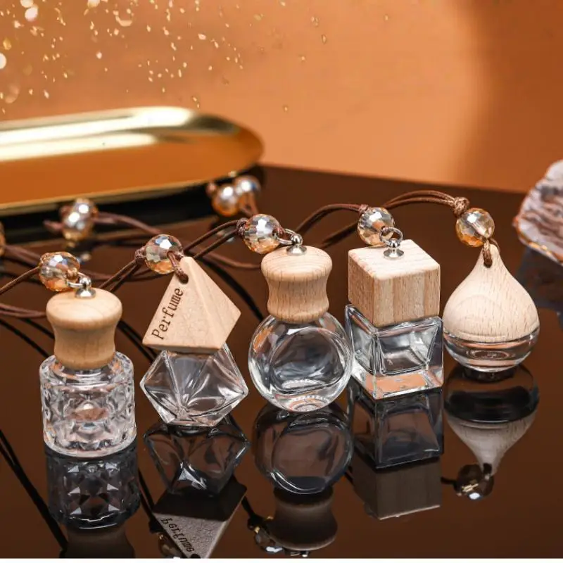 1Pcs Empty Glass Essential Oil Diffuser Bottle With Wooden Cap Car Hanging Perfume Bottle For Auto Aromatherapy Decoration