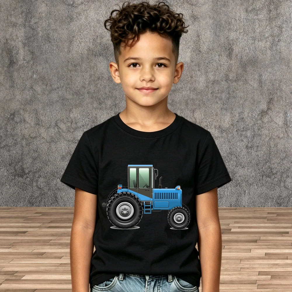 Children Summer Casual Tops Boys Engineering Tractor Print Cotton Short Sleeves T-Shirt