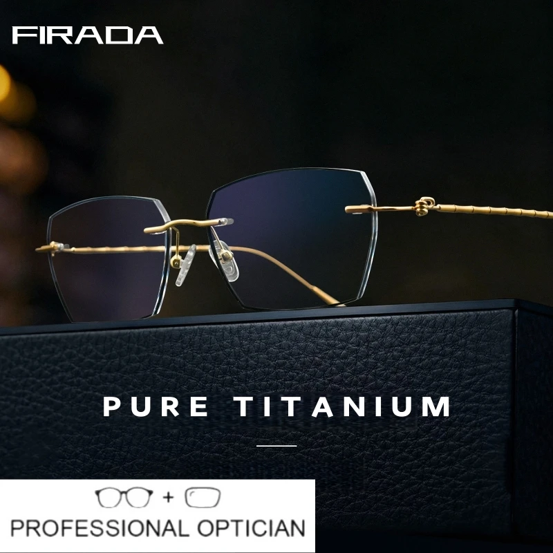 FIRADA Fashion Photochromic Eyewear Retro Pure Titanium Rimless Glasses Blue Light Blocking Prescription Eyeglasses For Men 8141