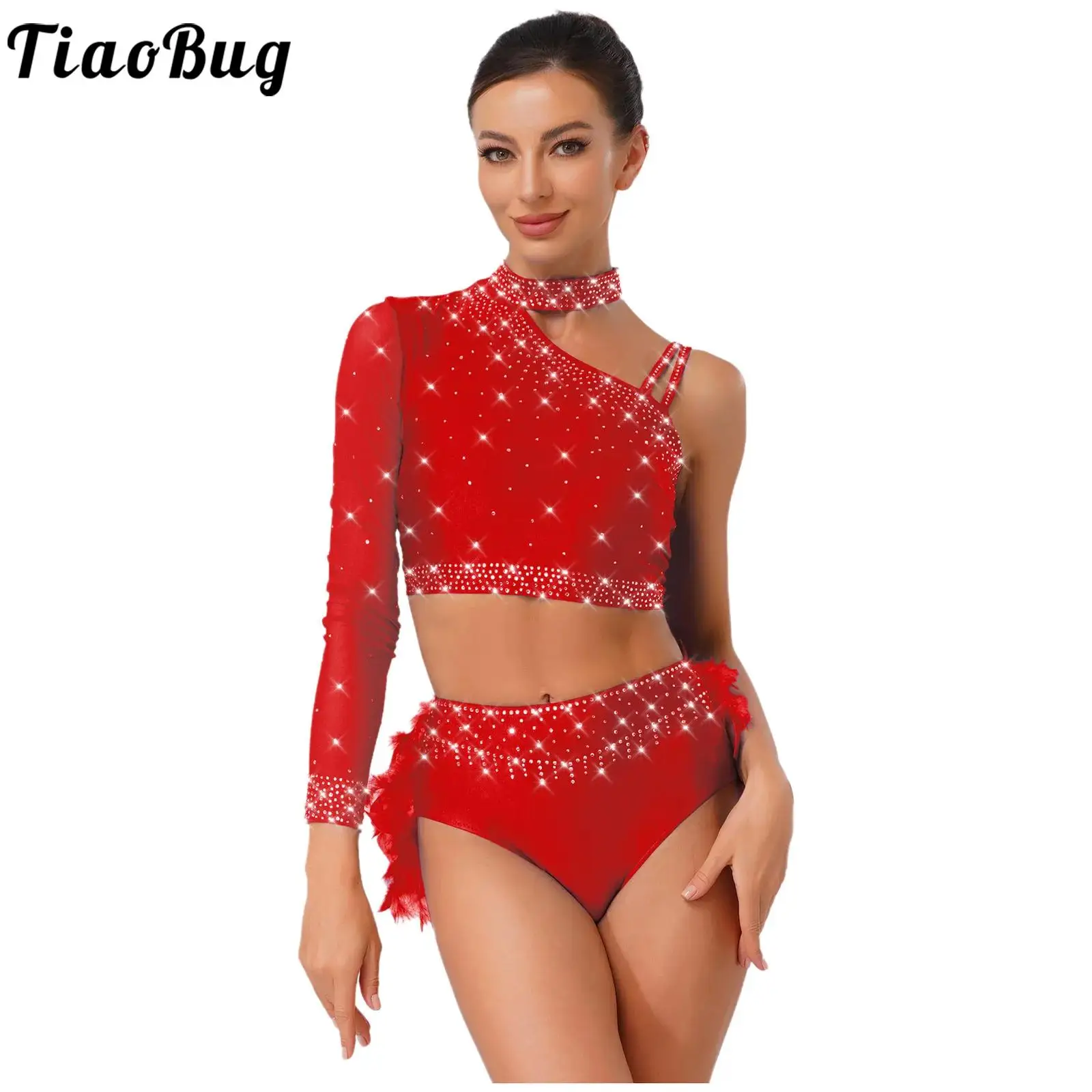 

Women Rhinestones Latin Jazz Dance Performance Costume Skating Gymnastics Outfits Long Sleeve Crop Top and Back Feather Briefs