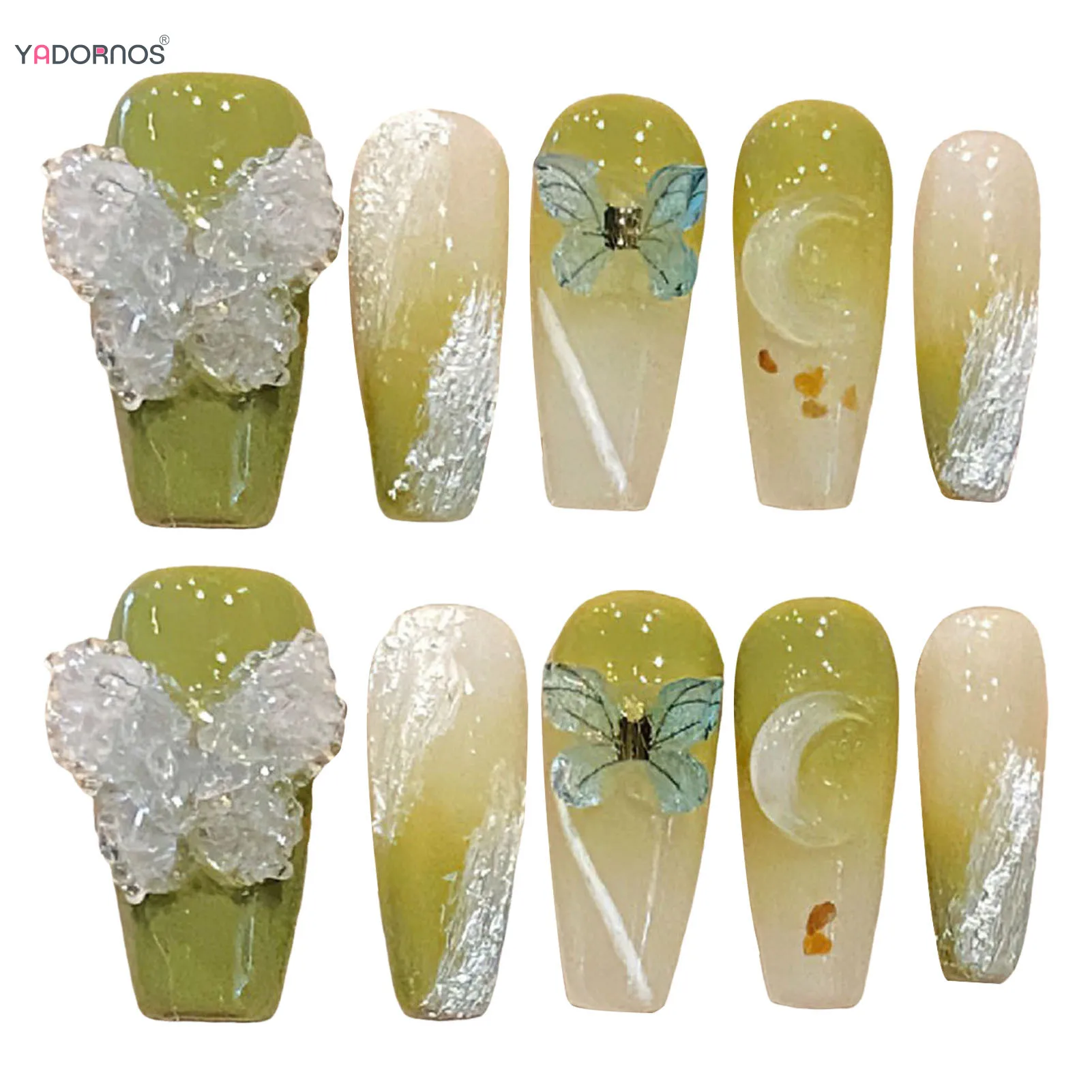 Градиентные зеленые накладные ногти ручной работы блестящие хрустальные бабочки дизайнерские накладные ногти балерины носимые накладные ногти для женщин
