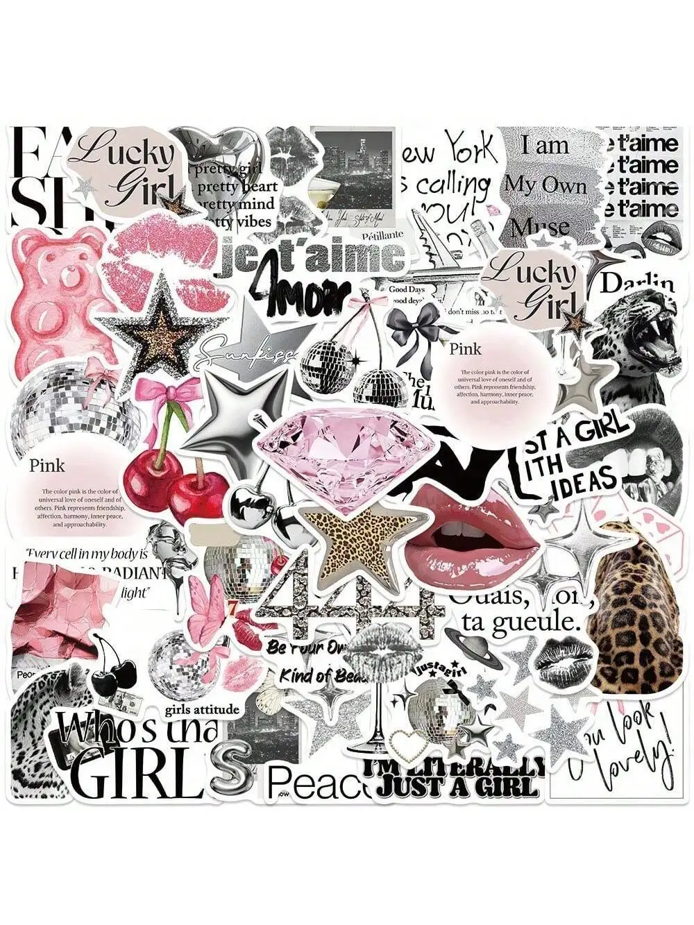 

50 шт. серебряных эстетических стикеров в стиле Y2K с символикой удачи | Винтажные виниловые наклейки в стиле 90-х для бутылок с водой, ноутбуков, телефонов и ежедневников