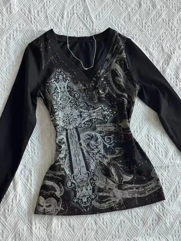 Vintage Melody Score Print O-neck T-shirts Y2k E-Girl Slim Fit Long Sleeve Tee Shirt 2024 Spring New White Cotton Tops Women