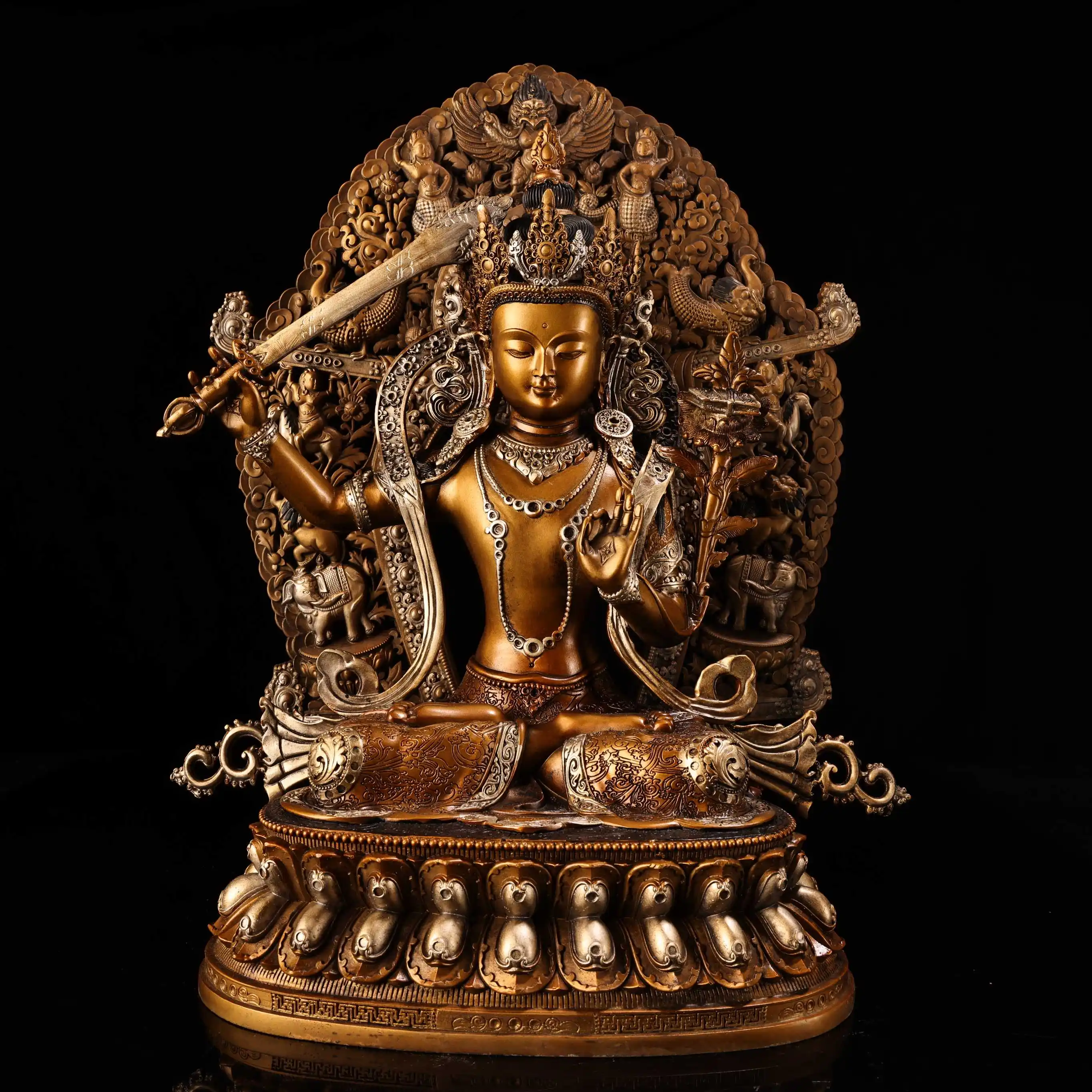Old Bronze Gilded Silver Painted Manjusri Bodhisattva Buddha Beast texture Backlight Lotus Throne Amitabha Worship Hall