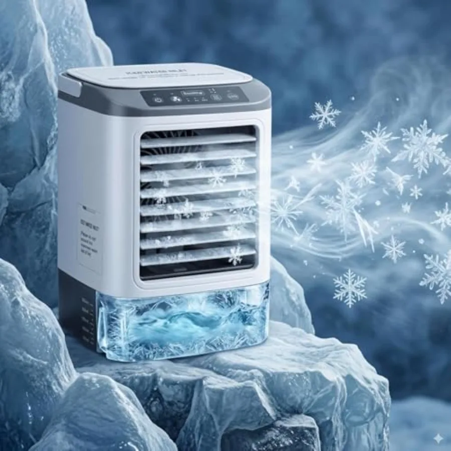 4-in-1 Mini Air Conditioner for bedroom office room car, evaporative cooler with 900ML tank ice cube mold, white plastic, ultra