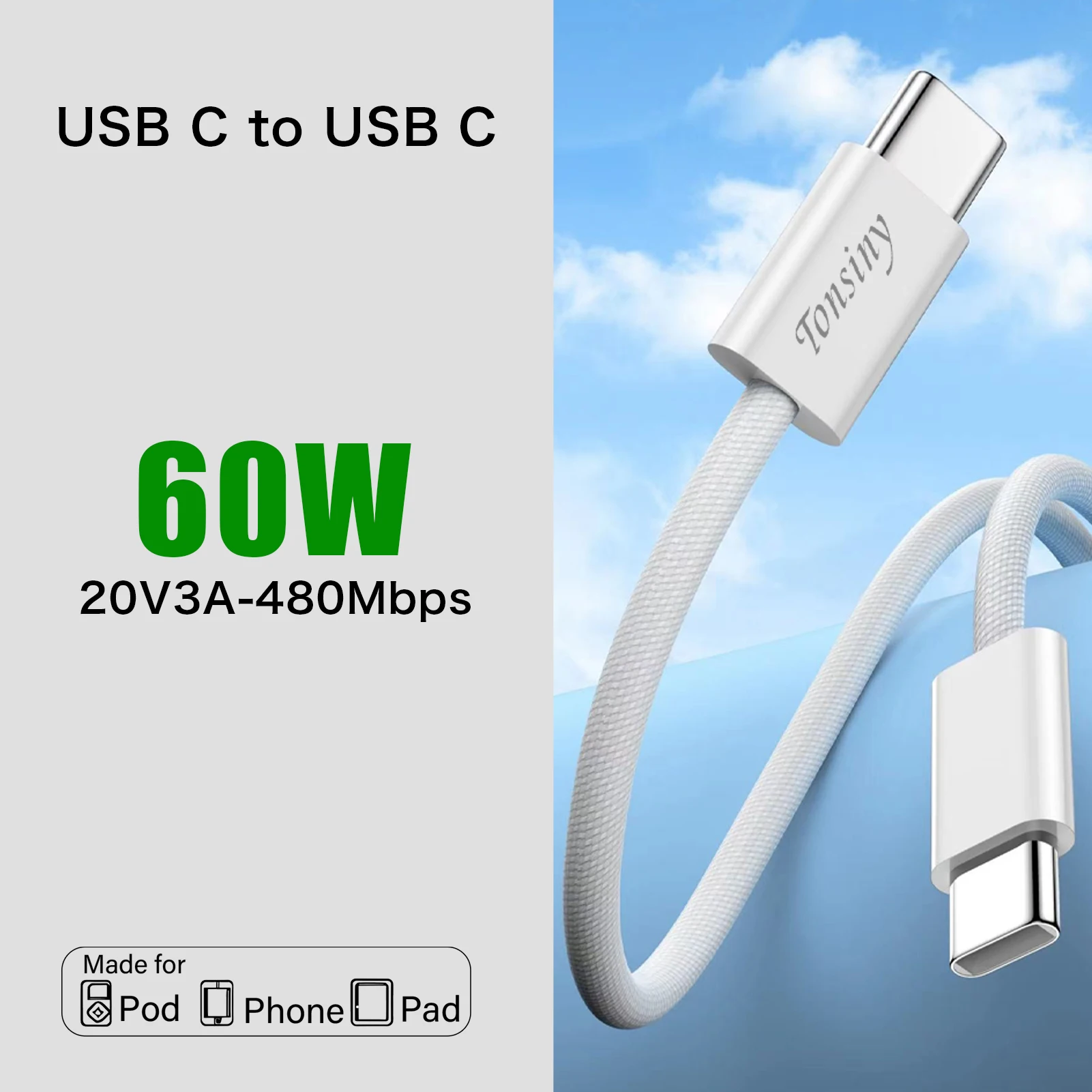 Cable USB-C Original de 60W para Apple iPhone Air 17 16 15 cable para Samsung Honor Xiaomi Google tipo C línea de tejido eyector de tarjeta sim
