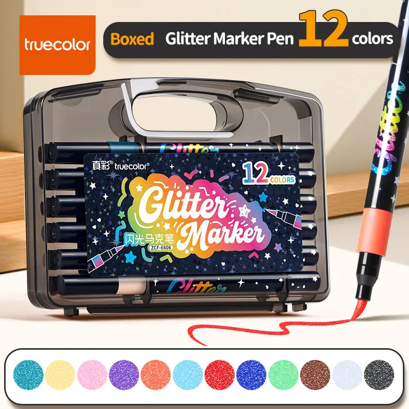 Truecolor ZCF-6606 Flat Box Glitter Marker Pens 12 Colors Scrapbooking Graffiti Essential Student Art Special Use