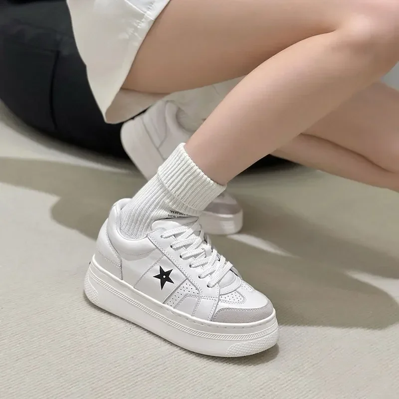 8CM Inner Height Increase Star Shoes Little White Women's 2024 Autumn New 4CM Platform Leather Fashion Casual Board Sneaker Tide