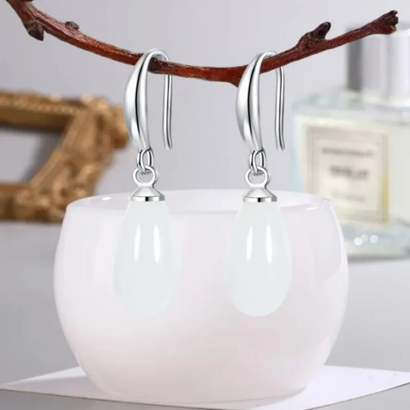

Hetian Jade Earrings Women, Water Drop Pendant, Simple Elegant Gift for Mom or Wife