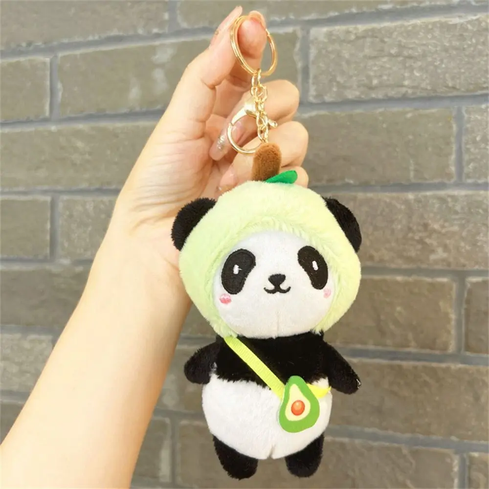 Fluffy Fruit Panda Doll Keychains Pompom Bag Key Ring Plush Keychains Kawaii Stuffed Animal Panda Keyrings Women Girls