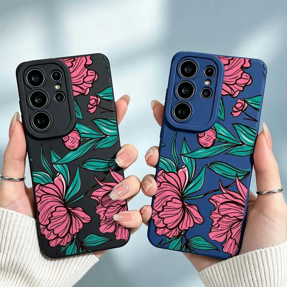 Cartoon Pink Flower Leaves For Samsung Galaxy S26 S25 S24 S23 S22 S21 A55 A54 A35 A15 Ultra FE Plus Phone Case Cover