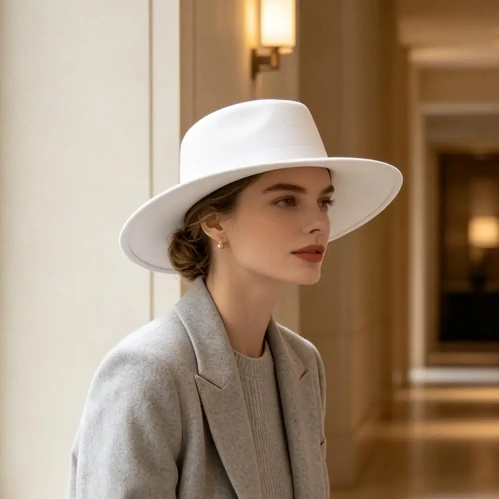 Wool Blend Flat Top Hat Retro Jazz Cap Wide Brim Felt Hat Women Events Daily Wear Fashion Casual Outdoor Headwear Accessory