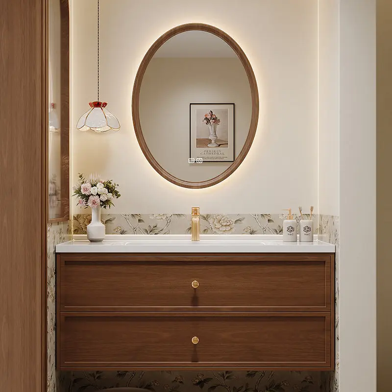 Second-hand bathroom cabinet combination solid wood rubber wood baking paint new Chinese bathroom integrated ceramic washbasin