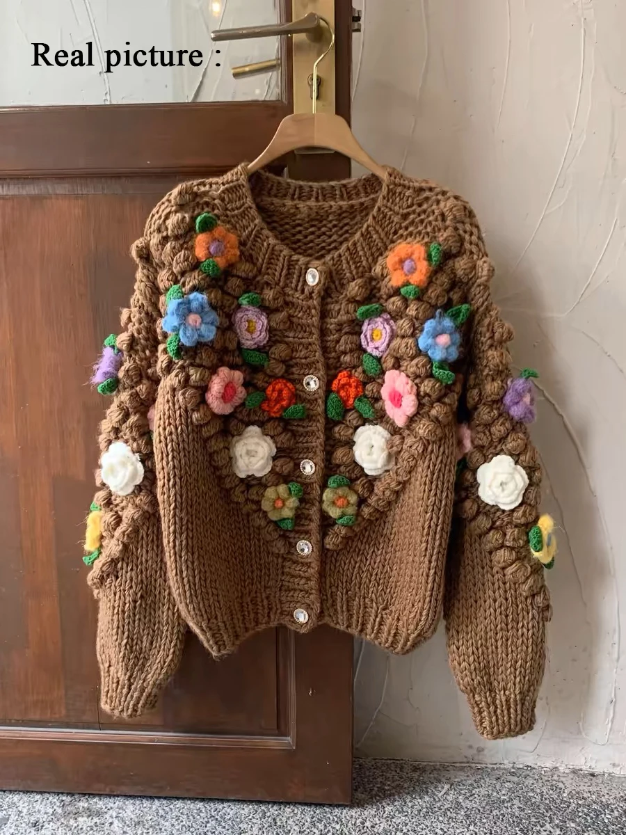 2024 fall Winter Women\'s Sweater O Neck Long-sleeved Flower Splicing Loose Retro Knitted Cardigan Thick Warm Sweaters Top C-266