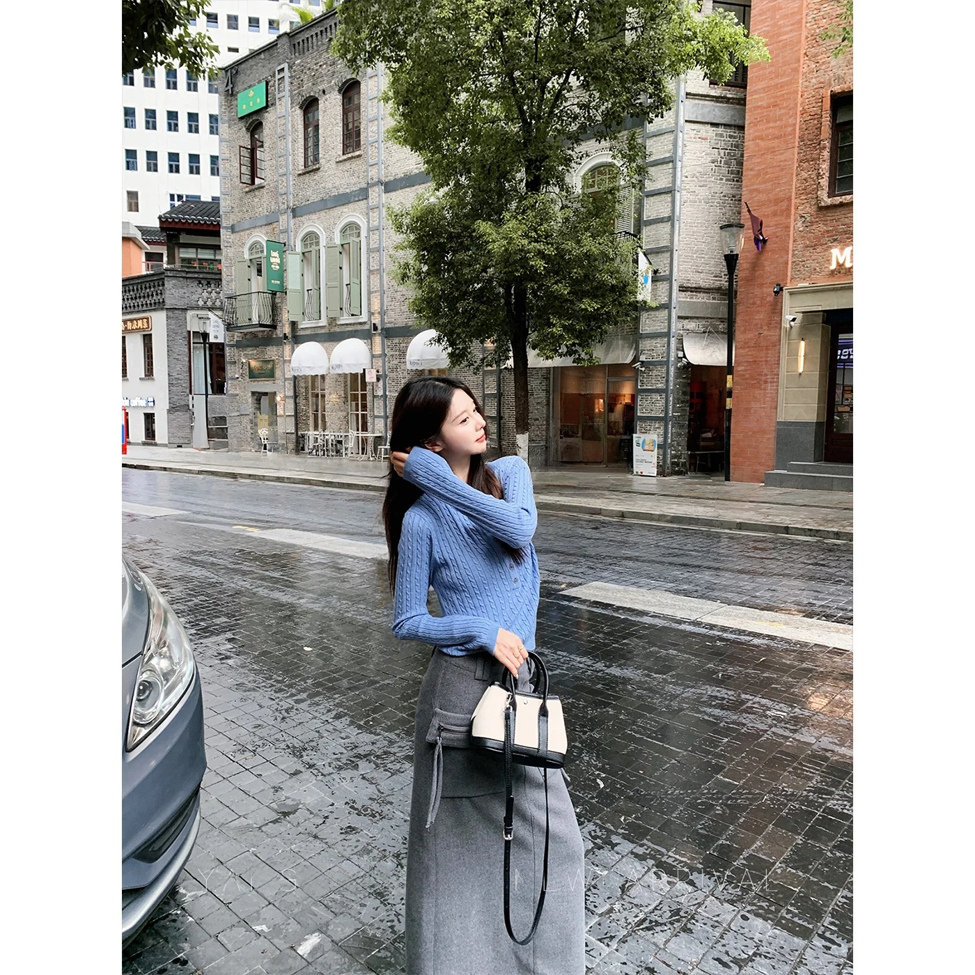 

Blue Knitted Knitwear Women's round Neck Multi-Buckle Half-Open Versatile Faux-Wool Blend Soft Fit Casual Style Long Sleeve