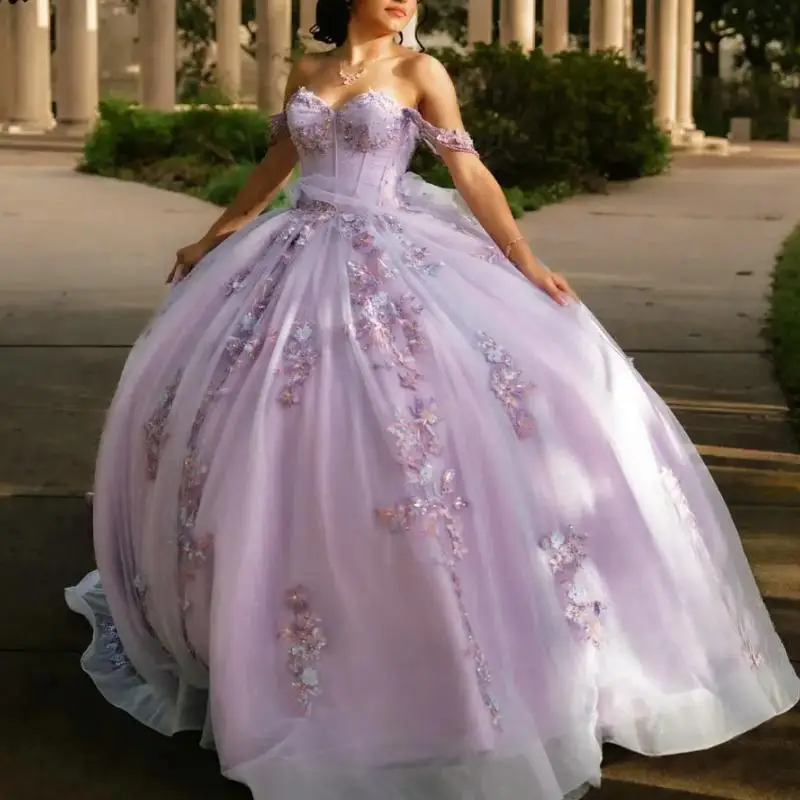 

Lilac 3D Floral Lace Ball Gown Quinceanera Dresses Off The Shoulder Beading Crystal Sweet 16 Vestido De 15 Anos