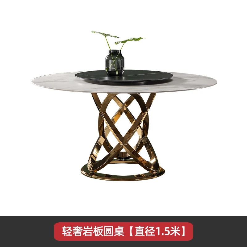 

Настраиваемый круглый обеденный стол из роскошной легкой каменной плиты с вращающимся подносом и стульями из нержавеющей стали.