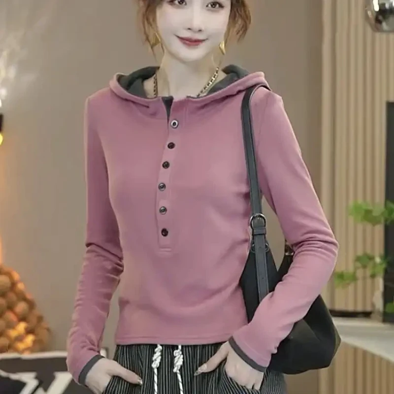 Women's Double Face Fleece Hooded Color Block Fake Two Piece T-Shirt Button Front Slim Fit Long Sleeve Autumn Winter Tops Women