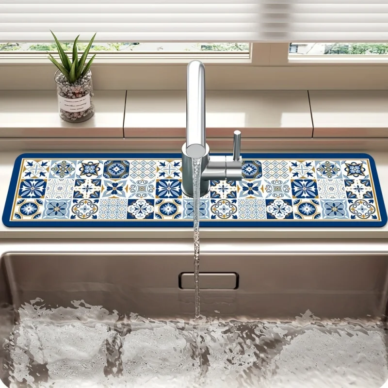 VIKAMA Multi-Compartment Stone Tile Sink Drain Mat: Absorbent, Quick-Drying Bathroom Vanity Faucet Mat for Home Decor